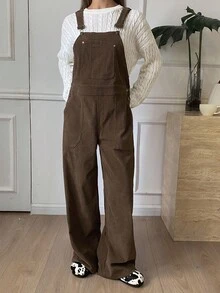 DAZY 女式宽松纯色灯芯绒工装裤，带口袋，秋冬休闲街头风格裤子 - 棕色 - 查看 4