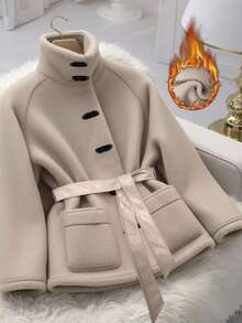 GlowEve 女士时尚毛茸茸腰带常规夹克，秋冬 - 卡其色 - 查看 3