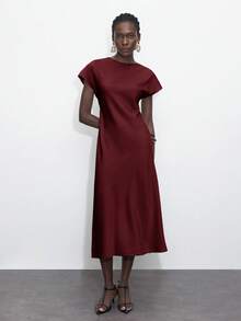 Maija Đầm chữ A tay ngắn màu berry mới mùa Thu/Đông 2025, thanh lịch, sang trọng, phù hợp cho cả công sở và thường ngày, kiểu dáng cổ điển lãng mạn, đa năng, thích hợp cho các bữa tiệc, đám cưới, hòa nhạc, tiệc trưa, sân bay, Quốc khánh, Năm mới, Giáng sinh, Halloween. - Màu Đỏ Sâu - Xem 6