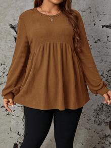 SHEIN LUNE Plus Size Casual Solid Color Ribbed Loose Long Sleeve Shirt, Autumn Brown Blouse Knit T Coffee Top Rust Fall - Mocha Brown - View 3