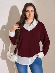 SHEIN LUNE Plus Size Women's Red & White Contrast Collar 2 In 1 Top, Thanksgiving New Years Winter Rave Burgundy Casual Top - Burgundy - View 6