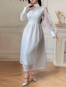 DAZY 女式立领灯笼袖收腰 A 字下摆蕾丝拼布纯色连衣裙 - 白色 - 查看 3