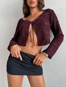 Aloruh Áo cánh tay dài cổ chữ V sâu thắt nút đính sequin thêu màu đỏ tía thời trang thu/đông mới cho nữ - Màu Đỏ Sâu - Xem 6