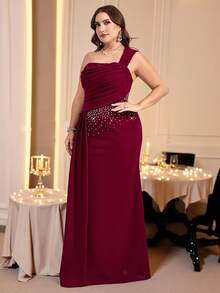 Coutiva 大码女式水钻装饰无袖褶皱优雅正式晚礼服 - 紅色 - 查看 4