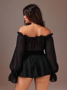 Rustia Plus Size Women Solid Color Casual Minimalist Off-Shoulder Blouse - Black - View 3