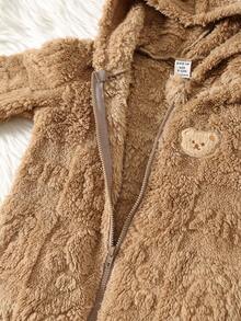 SHEIN 男婴可爱毛绒卡通图案连帽连体衣，秋冬季婴儿休闲拉链连体衣，小熊连帽连体衣，保暖连体衣 - 彩色 - 查看 3