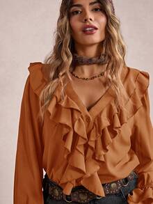 Freevana Blusa elegante y casual de cuello de jabot con volantes en las mangas para mujer de talla grande, para primavera/otoño