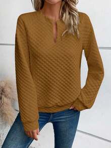 EMERY ROSE 秋季休闲纯色缺口领运动衫 - 卡其色 - 查看 4