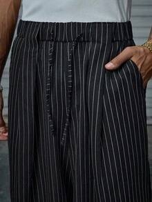 AXEPEAK 男士抽绳腰带条纹口袋阔腿宽松休闲裤，适合秋季 - 黑色 - 查看 4