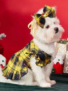 PETSIN 1PC Pet Cat Dog Universal Christmas Yellow Classic Checkered Cute Little Flying Sleeve Bow Decoration Dog Dress