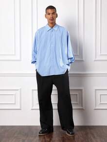 SUMWON 长袖条纹纽扣衬衫商务休闲经典翻领牛津衬衫宽松版型春季必备商务休闲办公室装 - 藍色 - 查看 5