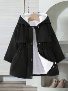 男童绗缝连帽棉服，松紧腰，适合日常穿着，厚衬里，前拉链 - 黑色 - 查看 3