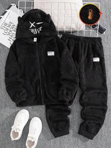 SHEIN Bộ 2 áo khoác hoodie thêu họa tiết thường ngày và quần jogger cho trẻ em/bé trai, thoải mái và đa năng - màu đen - Xem 4