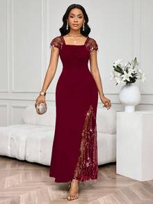 SHEIN Lady 2025 New Party Banquet Contrast Sequin Mesh Lace Trim Fitted Burgundy Dress Birthday&Event Dresses /Office Dresses /Church Dresses/Wedding Dresses /Holiday Dresses /Elegant Dress/ Party Dress/Wedding Guest Dress Women - Burgundy - View 5