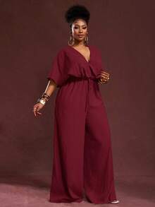 Veslaya 2025 Autumn & Winter New Arrivals, Women's Fall/Halloween/Winter Clothes, Plus Size, Music Festival/Halloween Outfits, Easter, Western, Boho, Birthday Party, Graduation, Student, Casual, Vacation, Cruise, Beach, Sunbathing, Fashionable, Women White Textured Loose Waist Wide Leg Jumpsuit, Plus Size - Burgundy - View 9