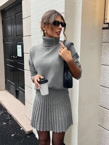 SHEIN Clasi 2件套女士灰色高领针织毛衣套装 - 淺灰色 - 查看 3