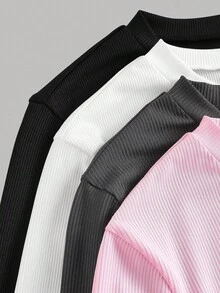 SHEIN Girlism 4 件套青少年女孩百搭圆领长袖休闲纯色 T 恤，黑色、白色、粉色、深灰色 - 彩色 - 查看 3