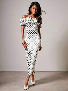 COSMINA Váy dài ngang vai họa tiết chấm bi thanh lịch dành cho nữ - trắng - Xem 3