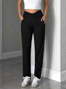 SHEIN Tall Tall Size Solid Color Joggers With Slanted Pockets And Elastic Cuffs - Black - View 1