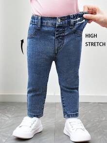 SHEIN 女婴时尚休闲弹力斜口袋水洗牛仔裤 - 深色水洗藍 - 查看 1