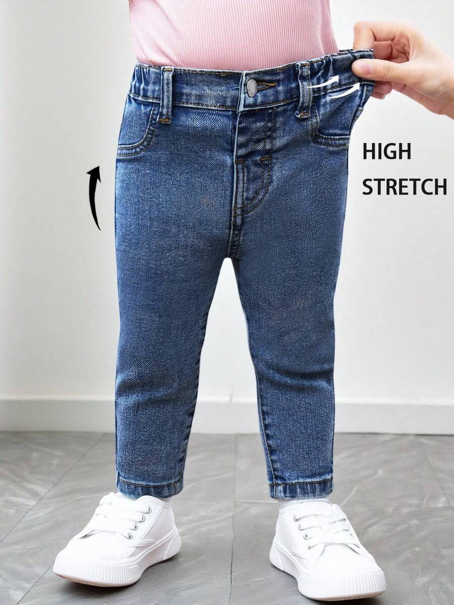 SHEIN 女婴时尚休闲弹力斜口袋水洗牛仔裤 - 深色水洗藍 - 查看 1