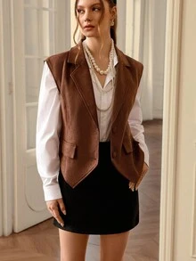 Aveloria Rosie سترة بلا أكمام من الجلد المدبوغ مع خصر مجعد وياقة على شكل حرف V عميقة للنساء - بني - مشاهدة 3