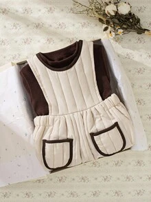 Souflis Souflis 2pcs/Set Baby Girl Casual Quilted Sleeveless Dress & Turtleneck Long Sleeve Thick T-Shirt Outfit, Suitable For School, Outings And Playtime - Multicolor - View 4