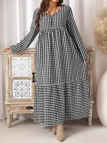 EMERY ROSE Plus Size Casual Loose V-Neck Plaid Long Dress Plaid Dress Women Picnic Dress For Woman Houndstooth Dress Gingham Dress, Autumn/Winter,2025 New