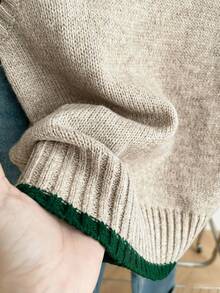 Franclia 女式休闲宽松圆领无袖针织撞色边卡其色毛衣上衣，春秋季