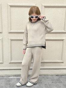 SHEIN Serisse Kids Tween Girl Casual Fashion Versatile Contrast Trim Pullover Sweater And Loose Knit Pants Set, Suitable For Weekend, Casual Outing, Back To School, Suitable For Winter, Casual, Preppy, Cute & Casual & Vintage, Great For Autumn/Winter Casual, Daily Wear, School,Khaki Pullover Long-Sleeved Trouser Suit - Khaki - View 10