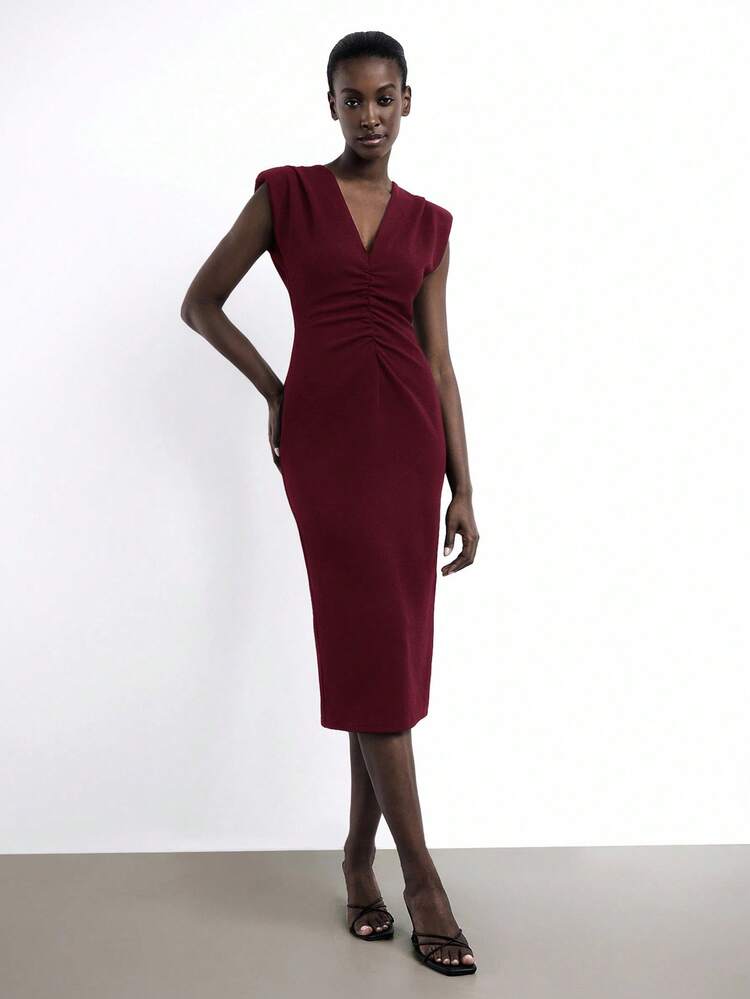 SHEIN Maija Spring/Summer New V-Neck Wide Shoulder Pad Front Ruched Cold-Shoulder Burgundy Party Dress, Elegant & Chic For Carnival, Valentine's Day, Formal Occasions, Music Festivals, Urban Commute  St Patrick's Day Women Easter Summer Outfits Easter Dress Women Party Top Beach Dress Summer Holiday Outfits Each Vacation Outfits For Women  Summer Outfit For Women Going Out Outfits Graduation Graduation Outfit  Casual Dresses  Casual Blouses For Women