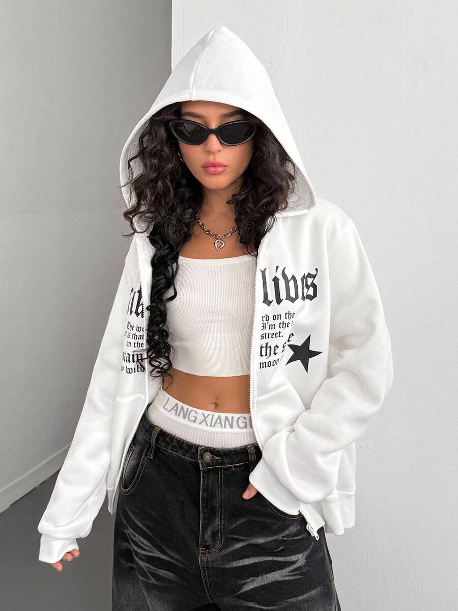 Teenager Mädchen Stern & Slogan Grafik Oversized Reißverschluss Hoodie, Langarm Top für Abschluss, Schulanfang, Mädchen Lehrer