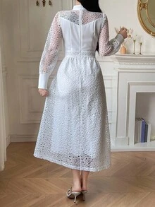 DAZY 女式立领灯笼袖收腰 A 字下摆蕾丝拼布纯色连衣裙 - 白色 - 查看 2