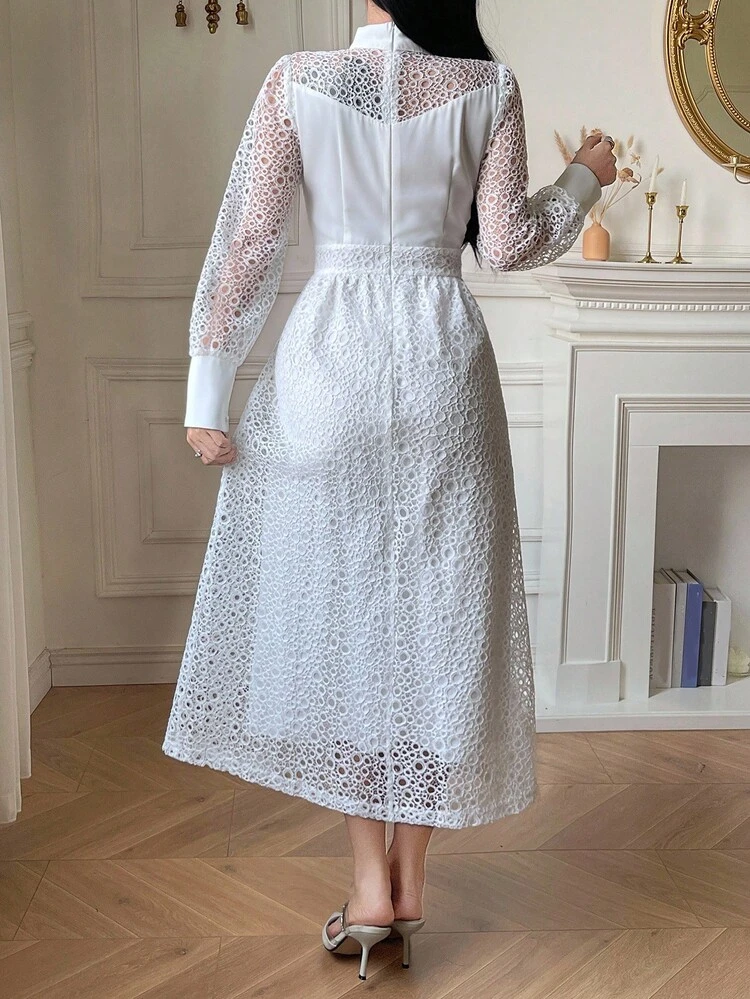 Stand Collar Lantern Sleeve Cinched Waist A-Line Hem Lace Patchwork Solid Color Dress For Women