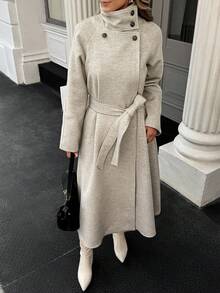 Xyvia 秋冬女装休闲高领纽扣腰带中长款毛呢大衣，老钱风女装/女士办公装/外出装，女士秋装 - 杏色 - 查看 6