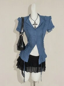 SHEIN ICON Y2k Women's Western Country Concert Boho Dark Blue Beige Goth Summer Casual Lace Trim Blouse