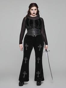 ROMWE Quần ống loe nhung họa tiết chữ thập Gothic cỡ lớn - màu đen - Xem 2