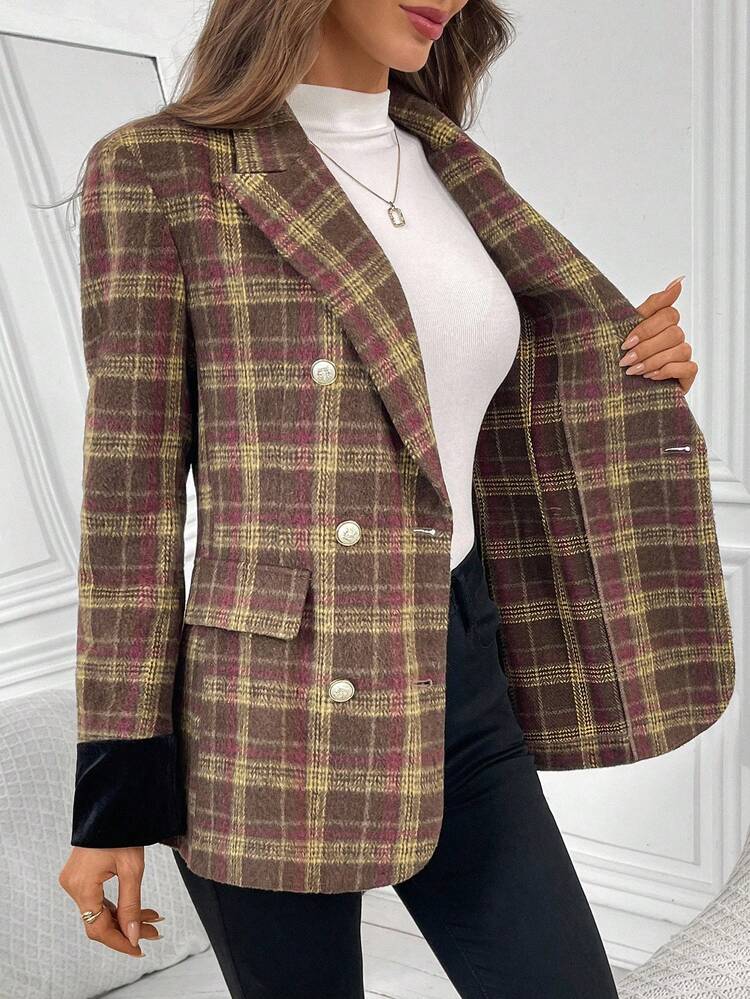Women's Plaid Lapel NeckLong Sleeve Double-Breasted Casual Blazer Jacket, Autumn