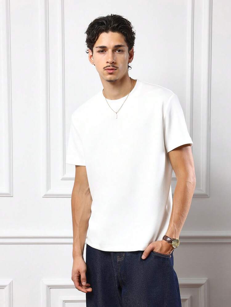 SUMWON Slim Fit Basic Jersey T-Shirt Essential Wardrobe Staple Classic Round Neck Short Sleeve Solid Color Casual Everyday Wear Modern Plain