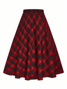 SHEIN Clasi 大码女式复古休闲纽扣装饰格子喇叭裙，秋季 - 紅色 - 查看 2