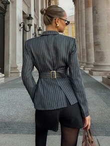 Siren Gaze Gray Striped Shaping Blazer With Belt, Business Casual Women's Fashionable Commuter, Can Be Paired With Blazer Dress For Women Women Suits, Office Clothes Women, Office Blouse, Autumn&Winter - Grey - View 2