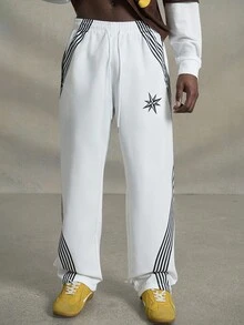 PAVTROS Men's Contrast Stripe Drawstring Pocket Casual Versatile Pants, Going Out Long Straight Leg Pants, For Husband, Boyfriend Gifts, For Back To School - White - View 4