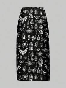 ROMWE Học viện Dark Raven Gothic - Thí nghiệm bí ẩn - Bộ xương bướm - In toàn bộ - Chân váy xẻ cao cỡ lớn - màu đen - Xem 2