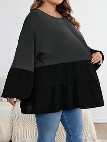 SHEIN CURVE+ 大码女式宽松休闲衬衫，圆领，落肩，长袖，荷叶边下摆/秋冬 - 彩色 - 查看 4