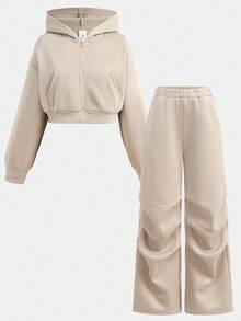 Girlism 少女休闲针织连帽卫衣和卫衣套装 - 卡其色 - 查看 12