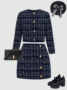 SHEIN 少女休闲简约舒适圆领开衫和裙子套装 - 藏蓝色 - 查看 6