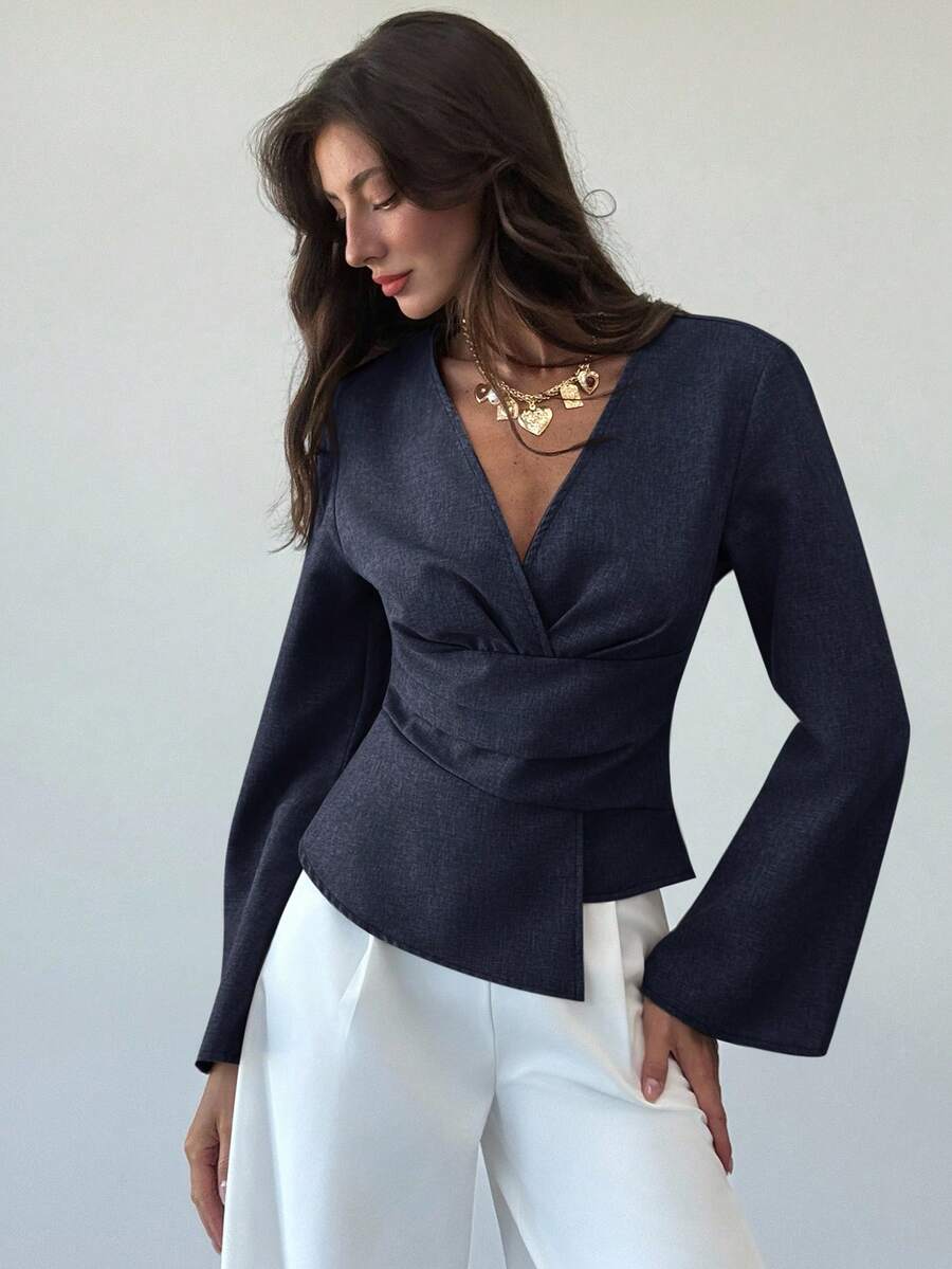 Aloruh New Stylish Commuter Waist Ruched Asymmetric Hem Long Flare Sleeve V-Neck Pullover Blouse - Navy Blue - View 1