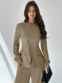 Firerie 女士优雅通勤日常百搭街头时尚新款不对称翻领纽扣腰长袖西装外套和高腰裤卡其灰色两件套西装套装，秋冬 - 卡其色 - 查看 2