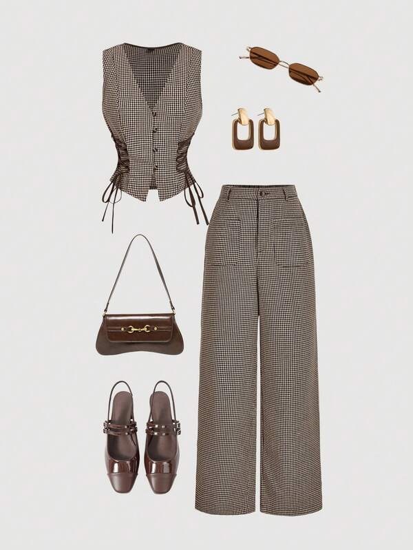 SHEIN MOD Women's Brown Houndstooth Print Tie-Waist Suit Set,Fall /Winter,Halloween,Christmas, Going Out,Cute,Gothic,Chic,Casual,Plaid Set