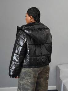 Maweii Plus Size Women's Solid Color Long Sleeve Zipper Front Hooded Casual Winter Jacket